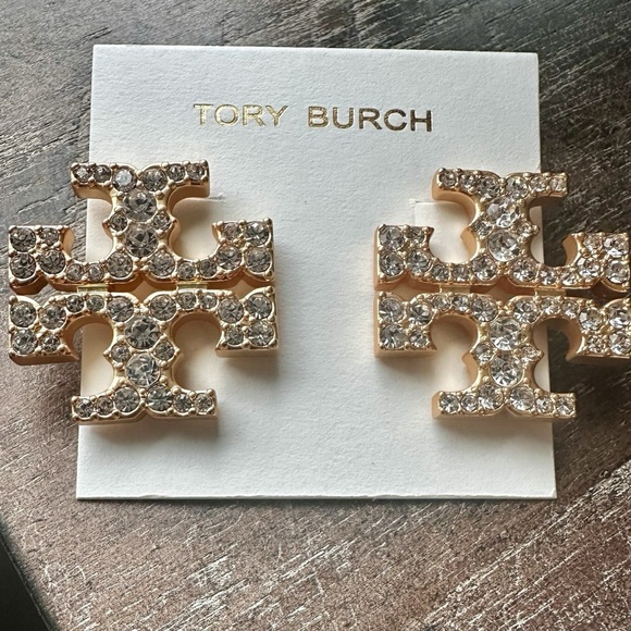 NWT Tory Burch oversized Gold and Silver logo crystal Earrings - Picture 3 of 3